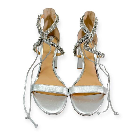 Jewel Badgley Mishka NEW Thamar Crystal Strappy Block Heel Silver Women's Sz 8.5 - Picture 8 of 14